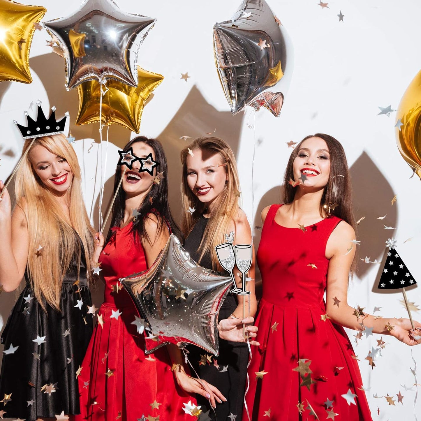 Zonon 24 Pieces Funny Photo Booth Props:Halloween,Christmas,Family Reunion, Class Reunion, Birthday, Weddings, Prom Disco Mardi Gras Party Supplies - Mix of Hats, Lipstick, Tie(Silvery)