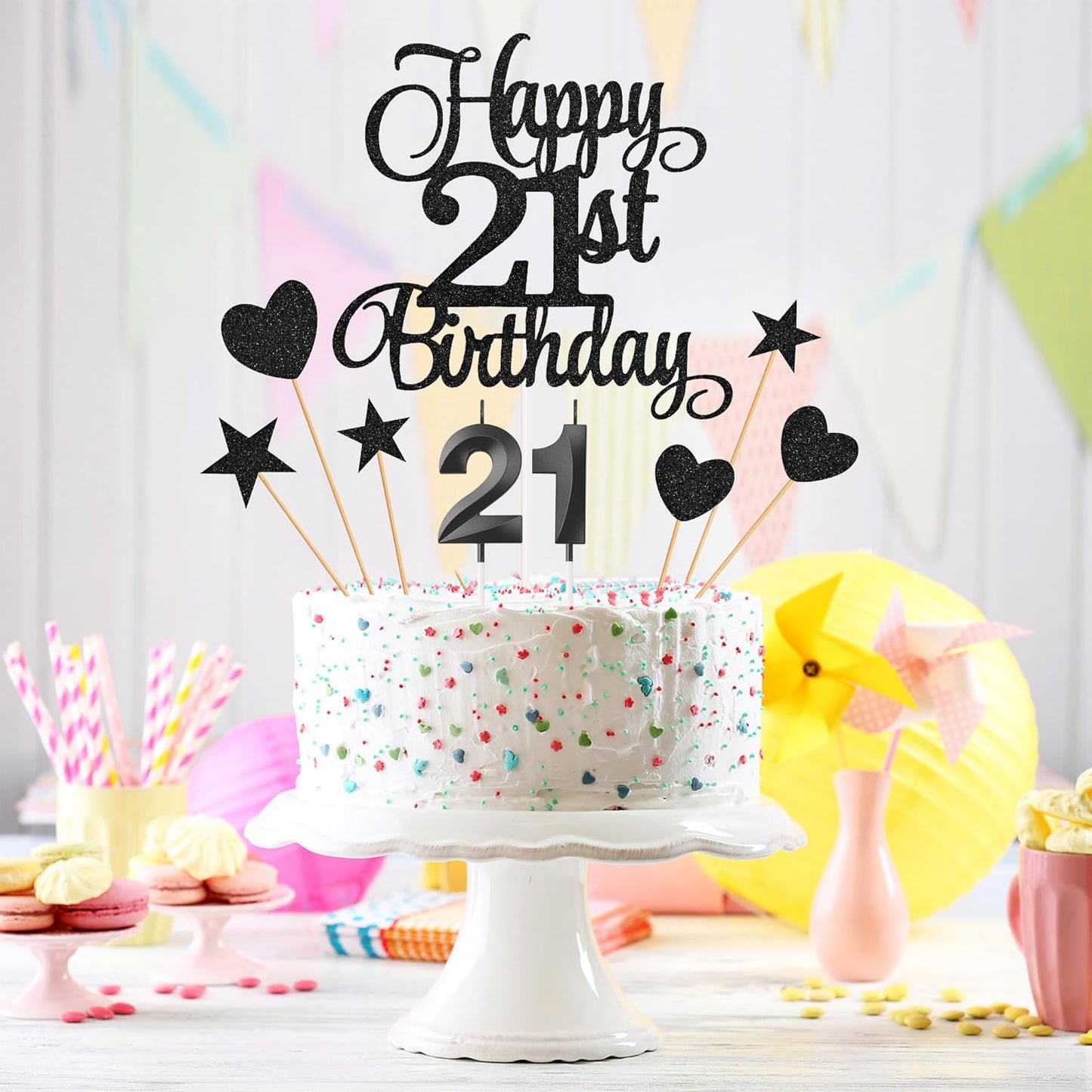 21st Birthday Cake Toppers, 21st Birthday Candles Numeral Candles and Glitter Cake Decorations Toppers Set for Party Supplies (Black)