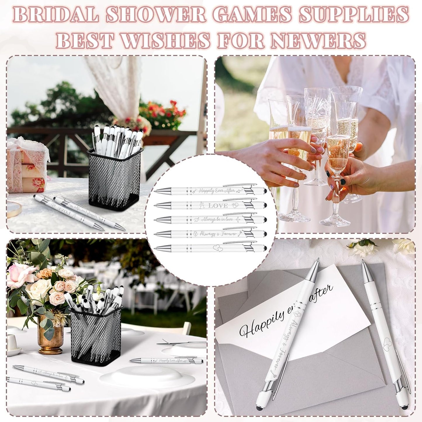 Kisston 36 Pcs Wedding Pens Bulk Bridal Shower Pens Favors Bachelorette 6 Styles Retractable Ballpoint Wedding Favors Supplies for Guest Game Office(White)