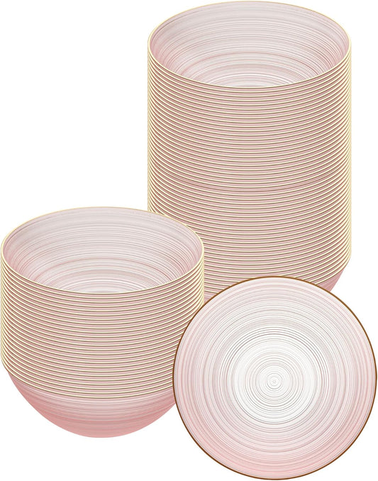Restaurantware Plastic Bowls 20 Pcs 16 oz Gold Rimmed Disposable Soup Bowls Heavy-Duty Pink Translucent Rippled Dinnerware Containers for Party, Desserts, Salads, Snacks, and Catering