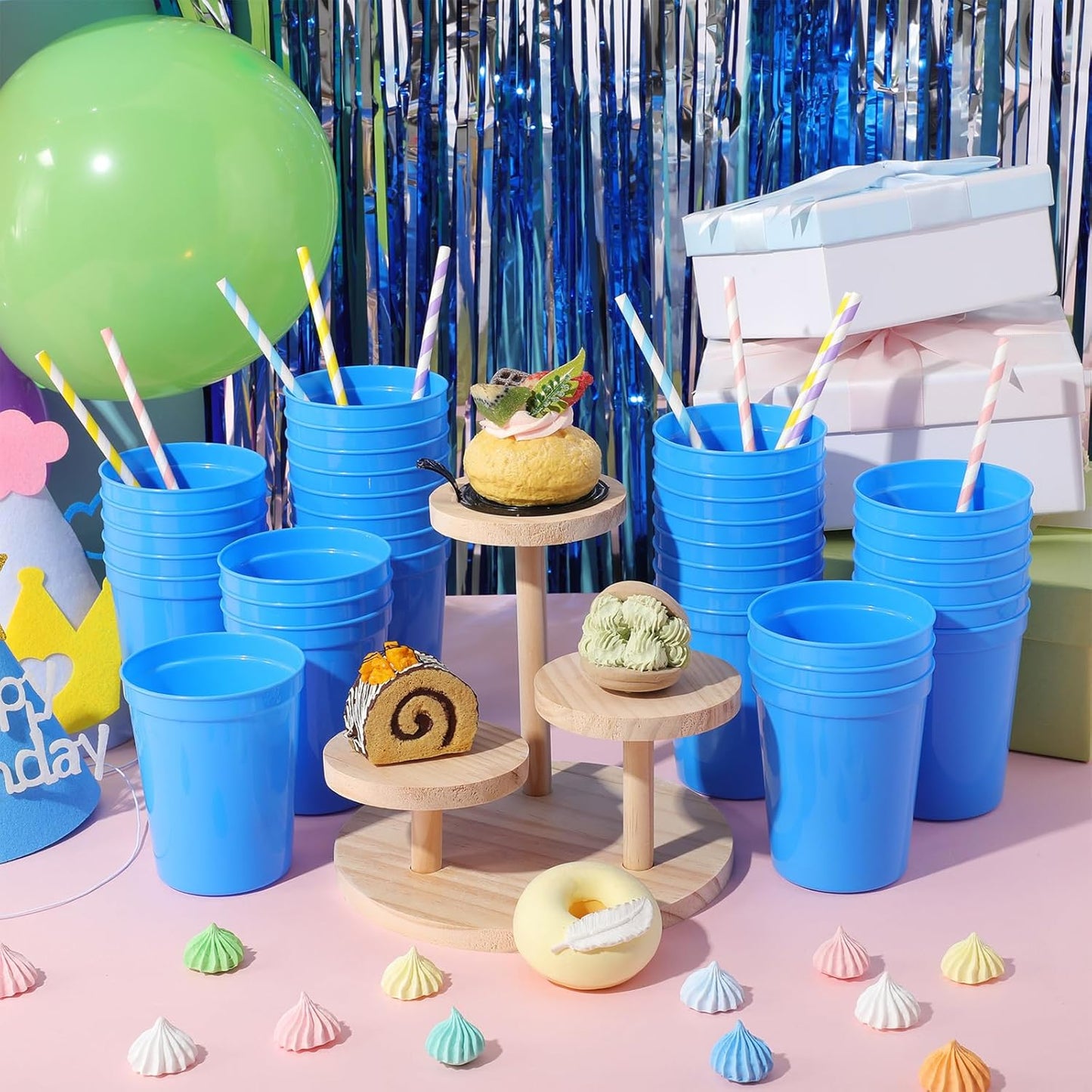 Yungyan 50 Pack 16oz Stadium Cups Reusable Plastic Cups Blank Drink Tumblers for Parties, Events, DIY Projects, 4.5 x 3.54 x 2.72 Inch (Light Blue)