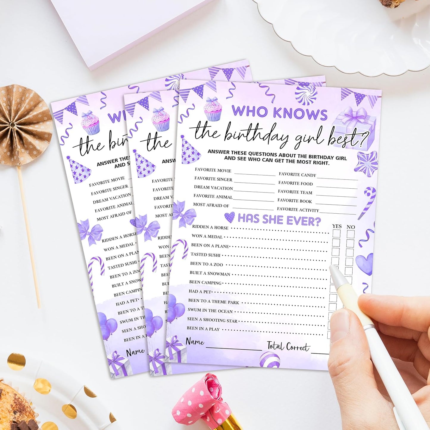 Birthday Party Games Card, Who Knows The Birthday Girl Best, Girls Sleepover Party Supplies for The Girls Card Game, 5x7 Inch Set of 25 Game Cards (Purple, Double-Sided) - A05