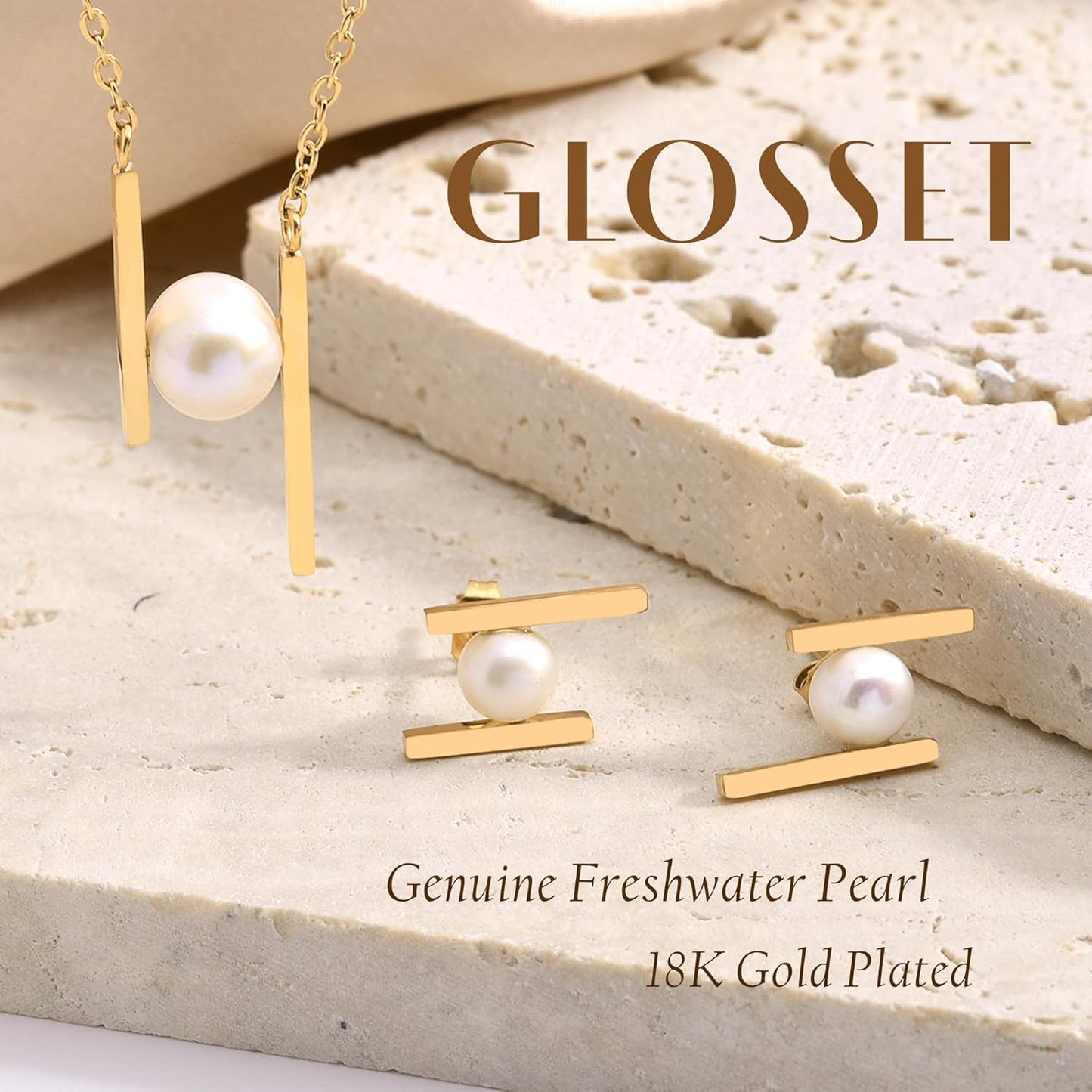 Pearl Necklace and Earring Set, 18K Gold Plated Earrings and Necklace Set for Women, Dainty Freshwater Pearl Jewelry Set for Women Gift