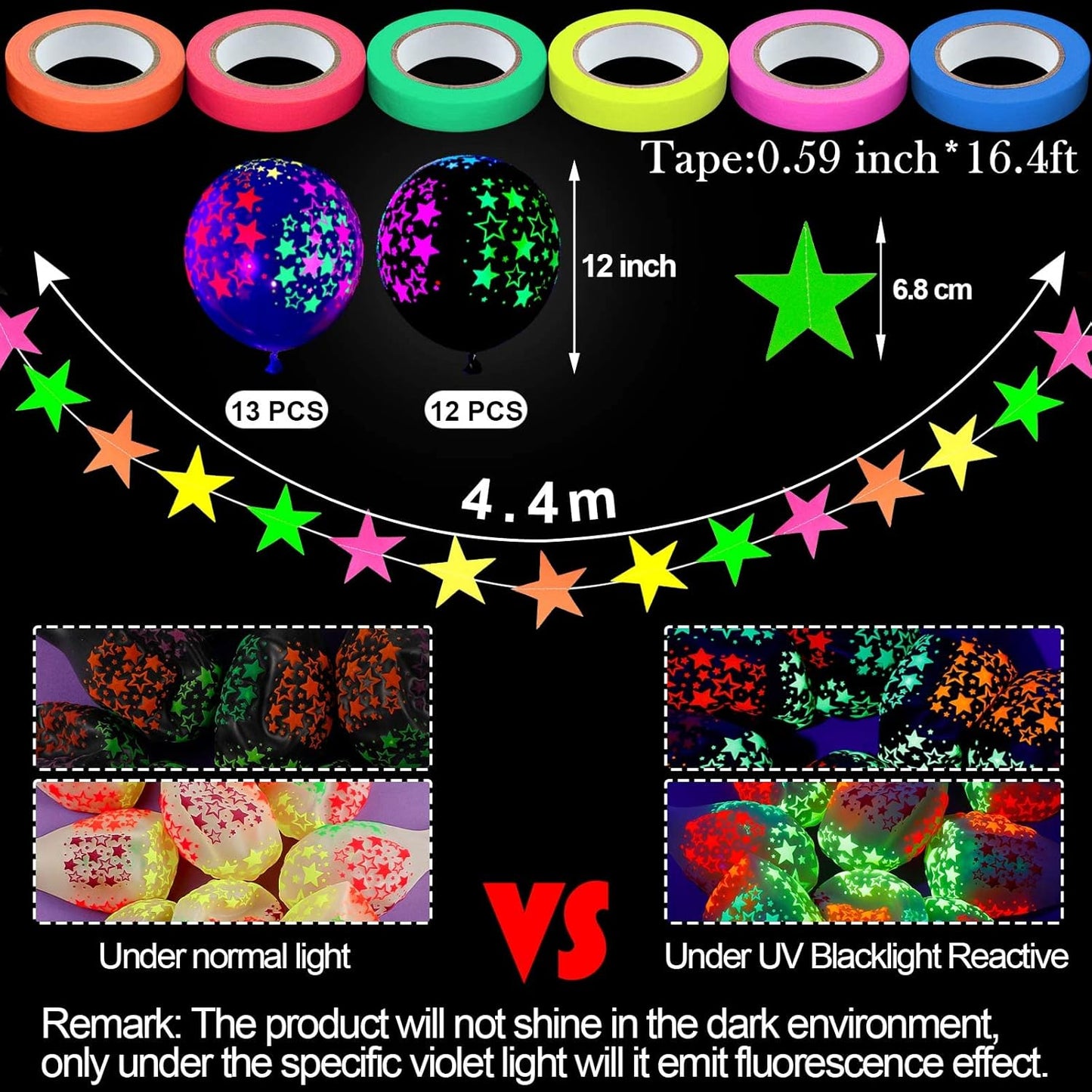 32 Pcs Glow in The Dark Party Supplies Christmas Neon Party Favors with 25 Fluorescent Balloon 6 Rolls 98.4 ft UV Blacklight Luminous Tape 14.4 ft Neon Streamer Garland for Adults(Bright Star)