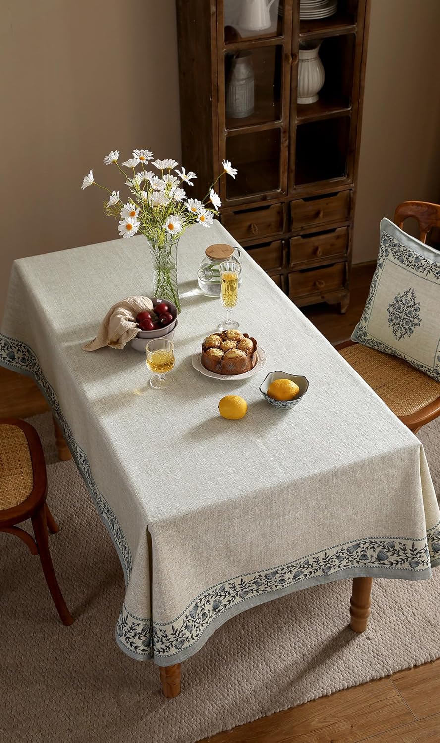 ISAENNE Designer Vintage Linen Elegant Long Tablecloth Rectangle,Chinoiserie Floral Table Cloth,Anti-Wrinkle Decor Table Cover for Dining Thanksgiving Kitchen Christmas,63"*94"-Segerman B