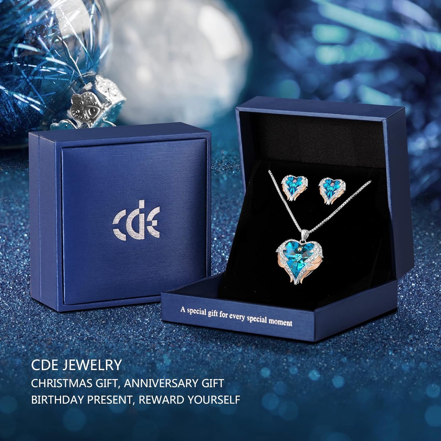 CDE Mothers Day Jewelry Set for Women, Angle Wing Heart Pendant Necklaces and Earrings with Birthstone， Birthday/Anniversary Christmas Jewelry Gift for Women Wife Her