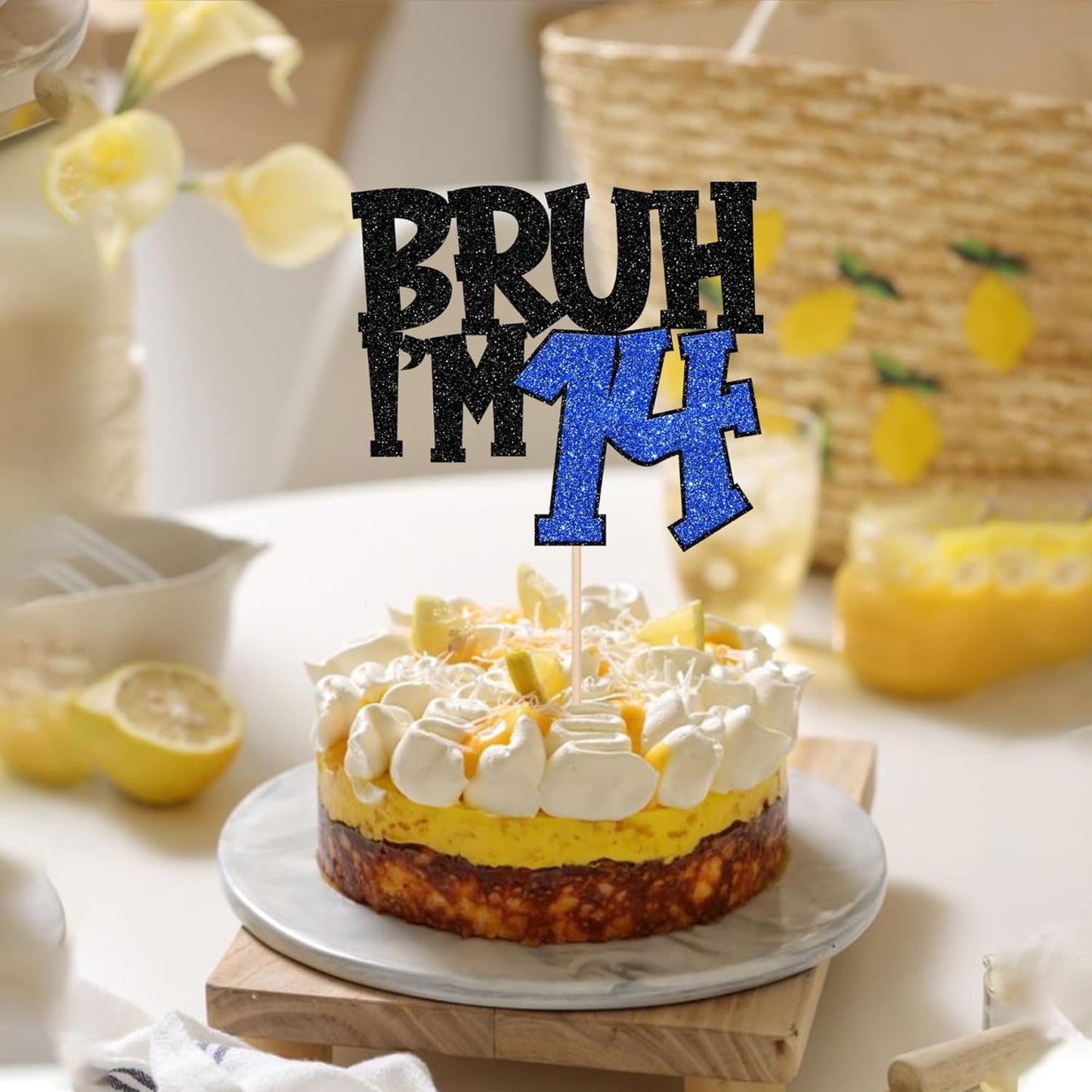 1 PCS Bruh I'm 14 Cake Topper Glitter Happy 14th Birthday Cake Pick Bro I'm 14 Cake Decoration It's My 14th Birthday Decorations for Cheers to 14 Years Old Birthday Anniversary Party Supplies Blue