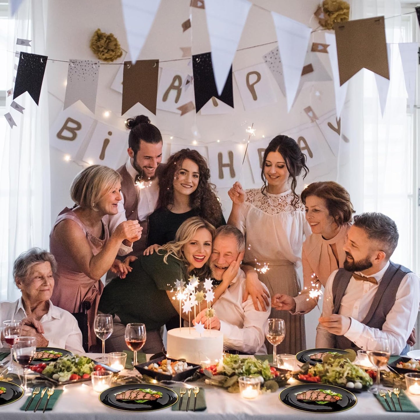 150pcs Black Plastic Plates, Black and Gold Plates,Gold Plastic Silverware,Black and Gold Dinnerware Set,Premiun Taleware,Perfect for Birthday,Party,Wedding,Anniversary