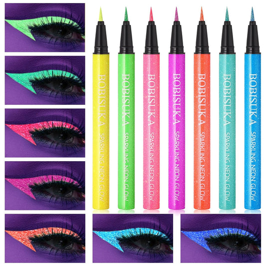 BOBISUKA UV Shimmer Glow Liquid Eyeliner Set, 7 Colors Glitter Neon Colored Eyeliners Pen, Colorful Waterproof Pigmented Graphic Liners, Metallic Eye Makeup Kit for Rave Accessories Party