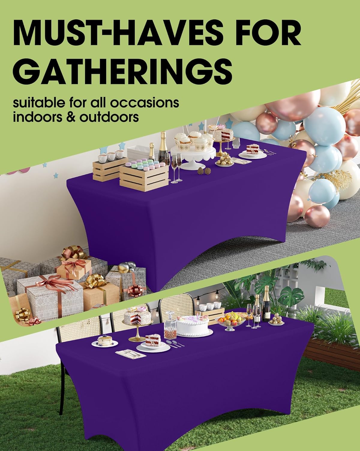 Pureegg Spandex Tablecloth 6ft - 6 Pack, Fitted and Stretch Table Cover for Rectangle Tables, Wrinkle-Resistant and Secure Fabric for Outdoor, Picnic, Party, Wedding, Banquet and Birthday, Purple
