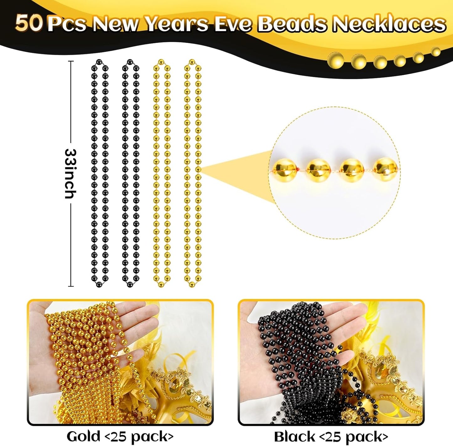 50 PCS Gold Black New Year Necklaces, 33'' New Year Eve Necklaces Round Happy New Year Necklace Accessories, 2026 New Year Party Beads for New Year's Day, Halloween, Christmas, Carnival Party Favors