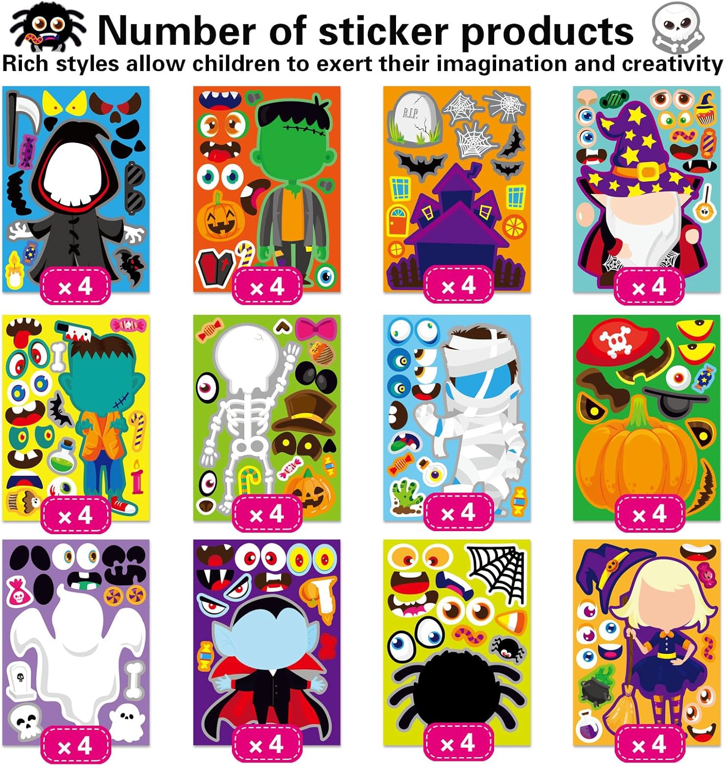 48 PCS Halloween Make-a-face Stickers Halloween Characters Stickers for Kids Make Your Own Mix and Match Sticker DIY Crafts Decorating Toy Sticker Trick or Treat Party Game Activities