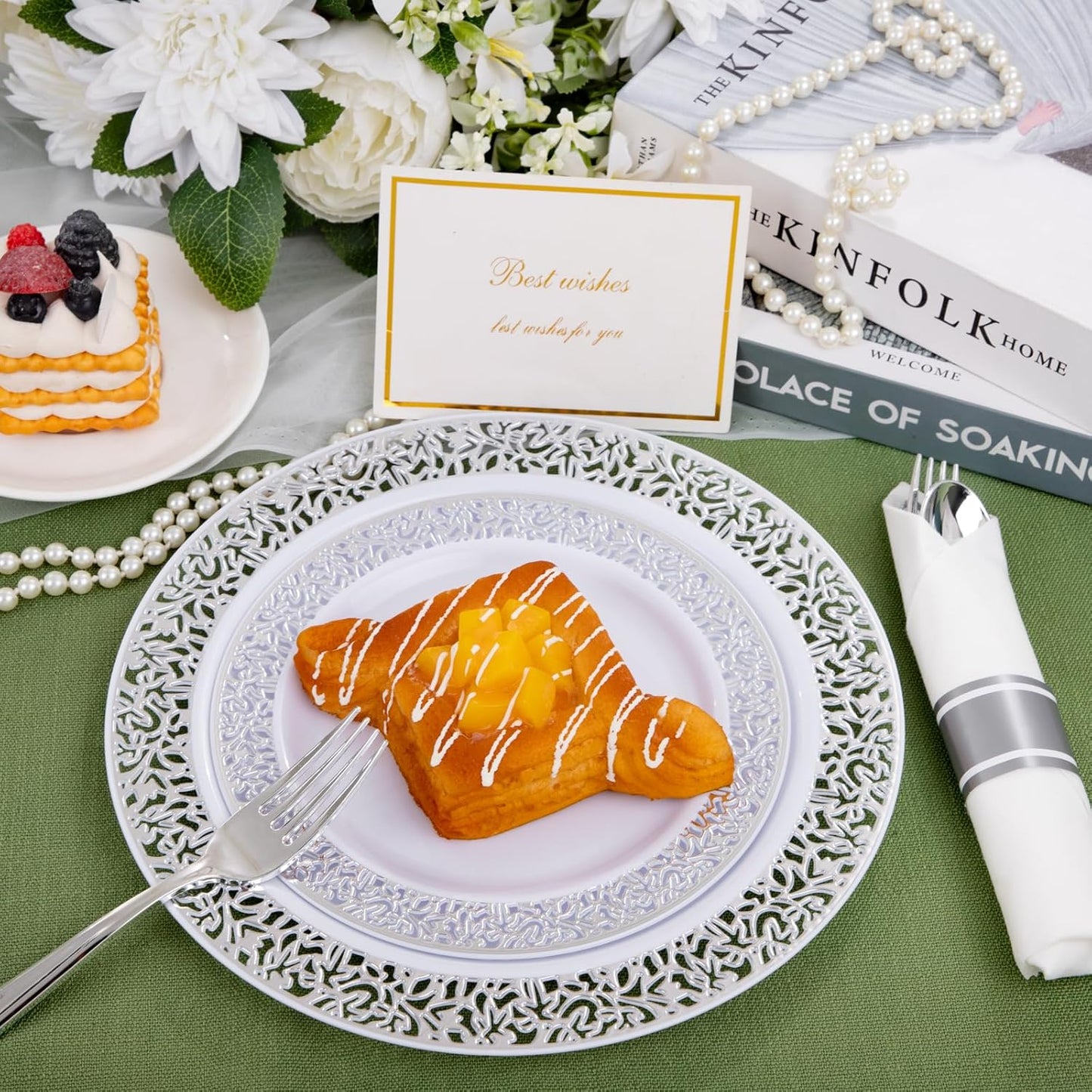 WELLIFE 175Pcs Silver Dinnerware Sets, Include:25 Dinner Plates, 25 Dessert Plates, 25 Paper Napkins, 25 Cups, 75 Silver Silverware Set for Party and Weddings