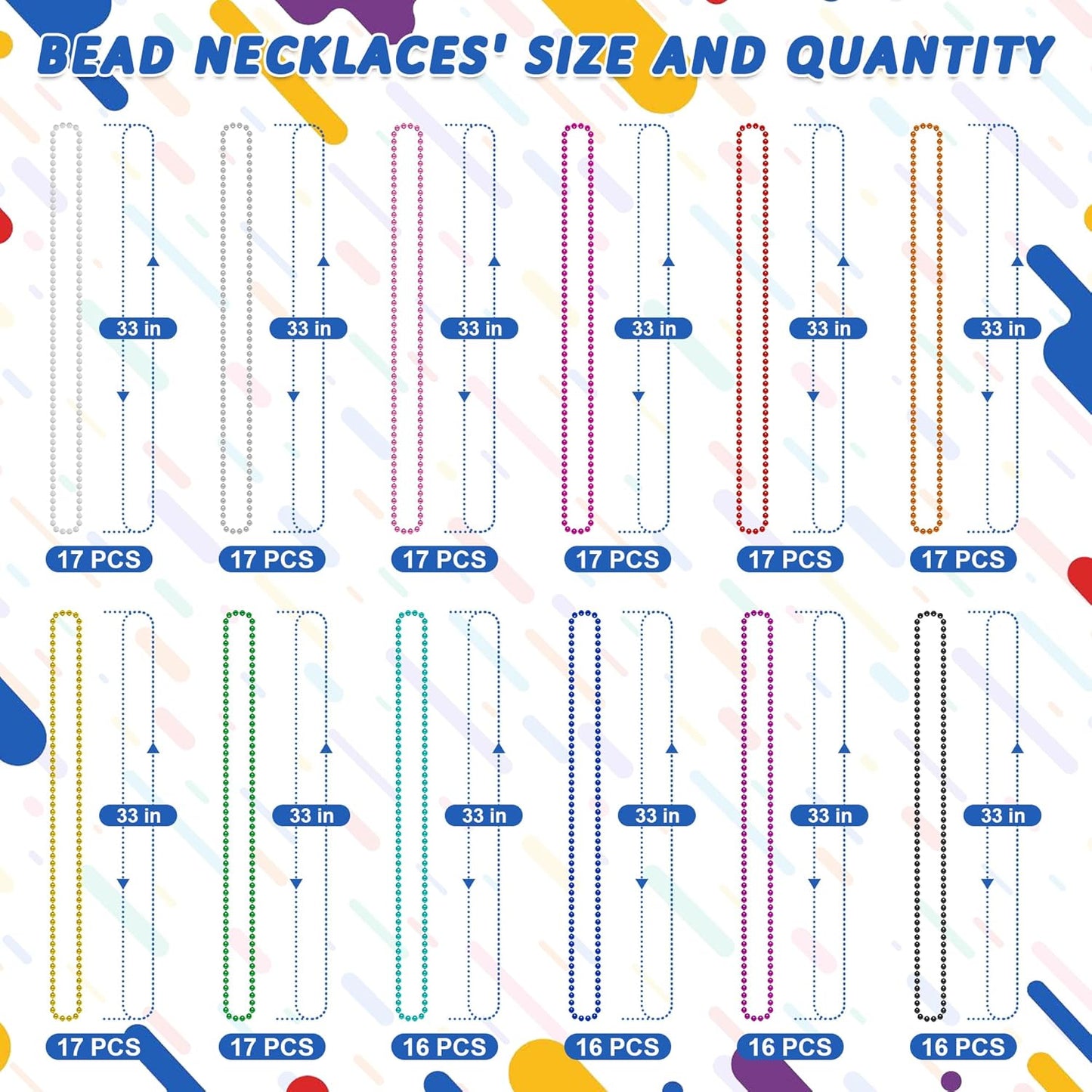 200PCS Mardi Gras Beads, 33" Bead Necklace, Colorful Mardi Gras Accessories, Women Men Party Beads Parade Throws Bulk for Christmas Pirate Baby Shower Carnival Birthday Party Supplies Decor