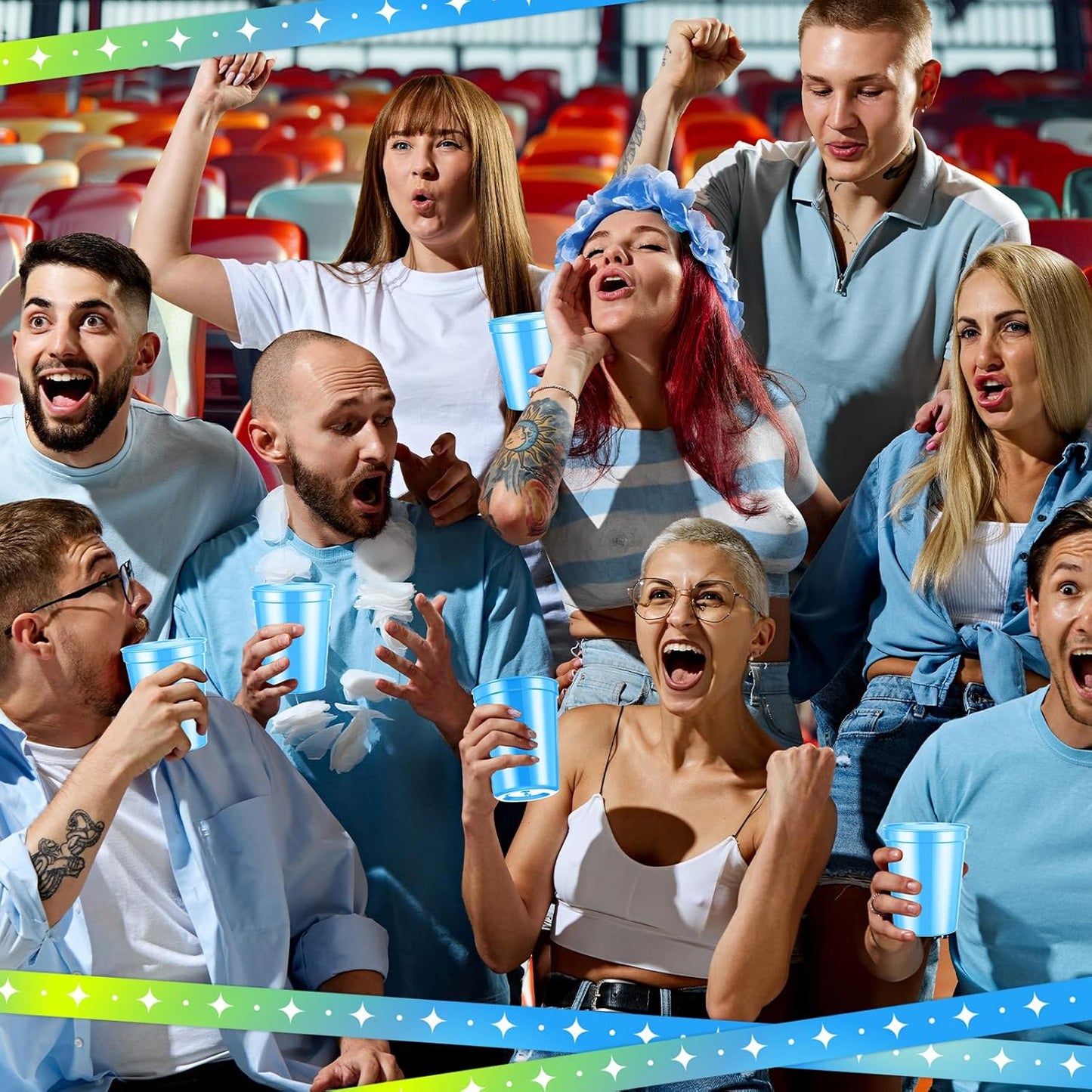 Yungyan 50 Pack 16oz Stadium Cups Reusable Plastic Cups Blank Drink Tumblers for Parties, Events, DIY Projects, 4.5 x 3.54 x 2.72 Inch (Light Blue)