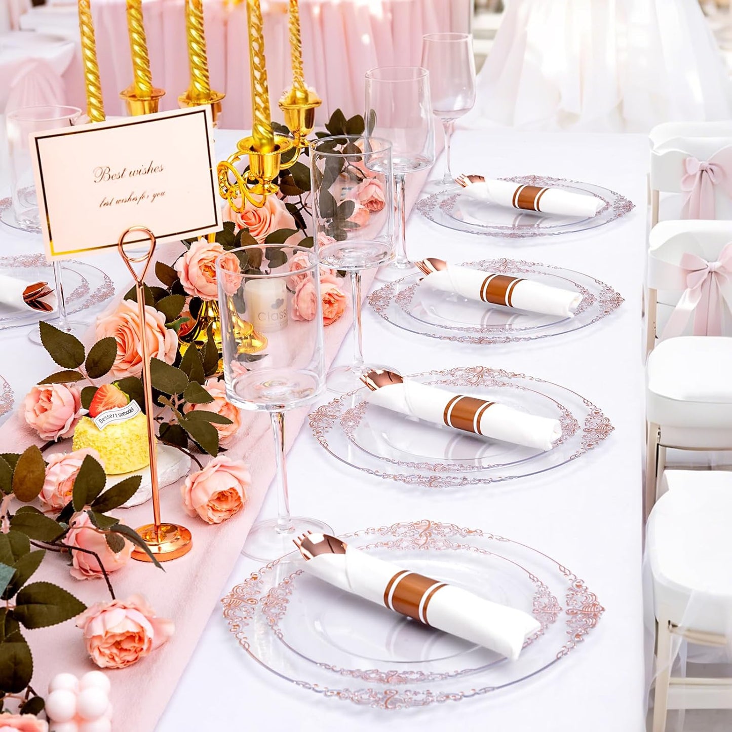 50Guests Pre Rolled Rose Gold Plastic Silverware Sets - Heavy Duty Rose Gold Cutlery - Include 50 Pack Wrapped Disposable Utensils with Napkins for Parties, Dinners & Weddings