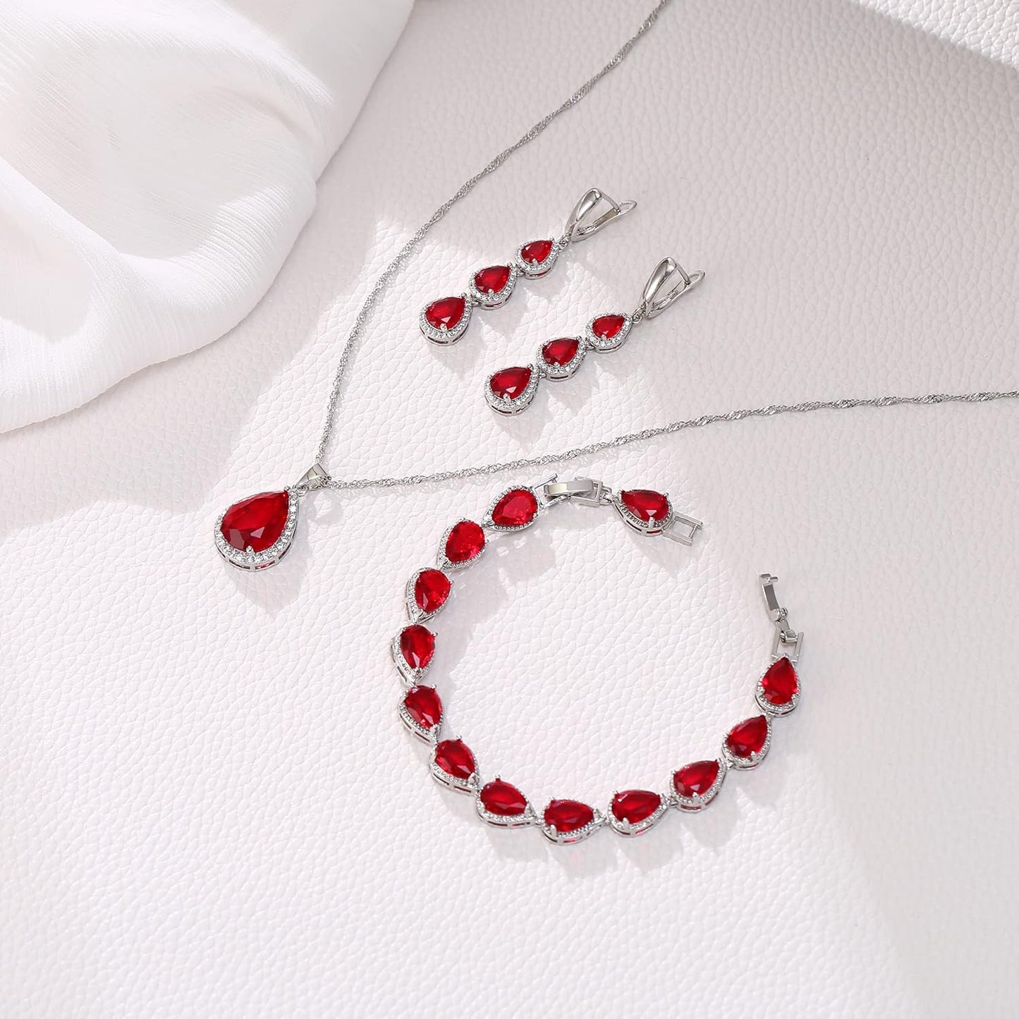 EleQueen Water Drop Pendant Necklace Long Dangle Earrings Tennis Bracelet Set, Sparkle Cubic Zirconia Teardrop Wedding Jewelry Sets for Bride Bridesmaid