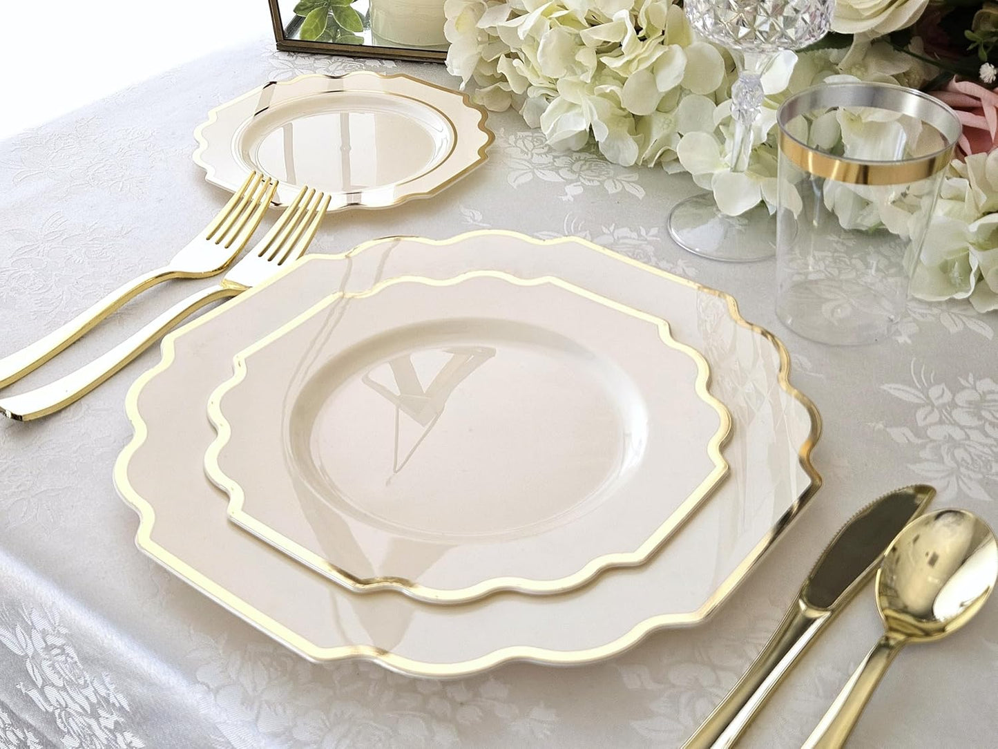 " OCCASIONS " 120 Plates Pack,(60 Guests) Heavyweight Wedding Party Disposable Plastic Plates Set -60 x 10.5'' Dinner + 60 x 8'' Salad/Dessert Plate (Imperial Ivory & Gold)