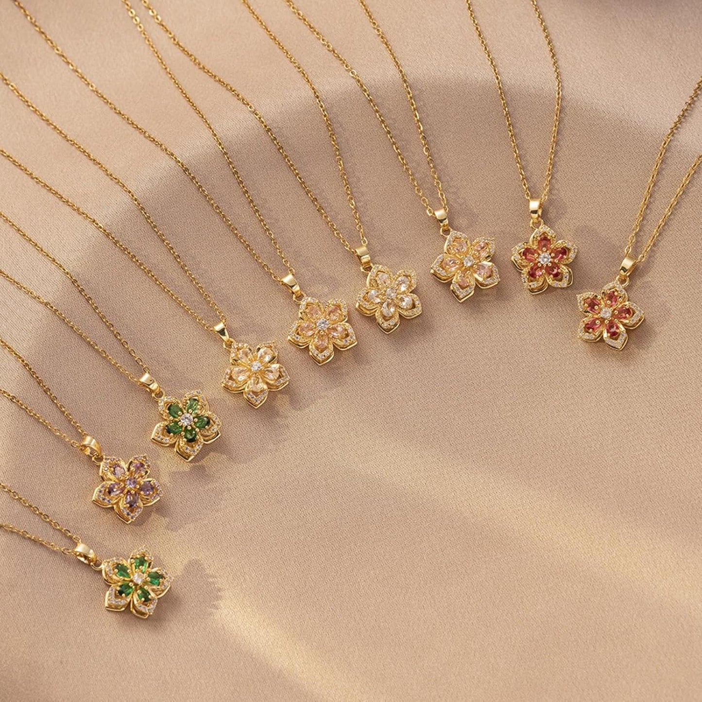 Necklace for Women Gold Flower Fidget Necklace Rotatable Crystal Silver Blossom Pendant Necklaces Adjustable Spinning Fidget Necklaces Redbud Flower Choker Funny Gift Jewelry