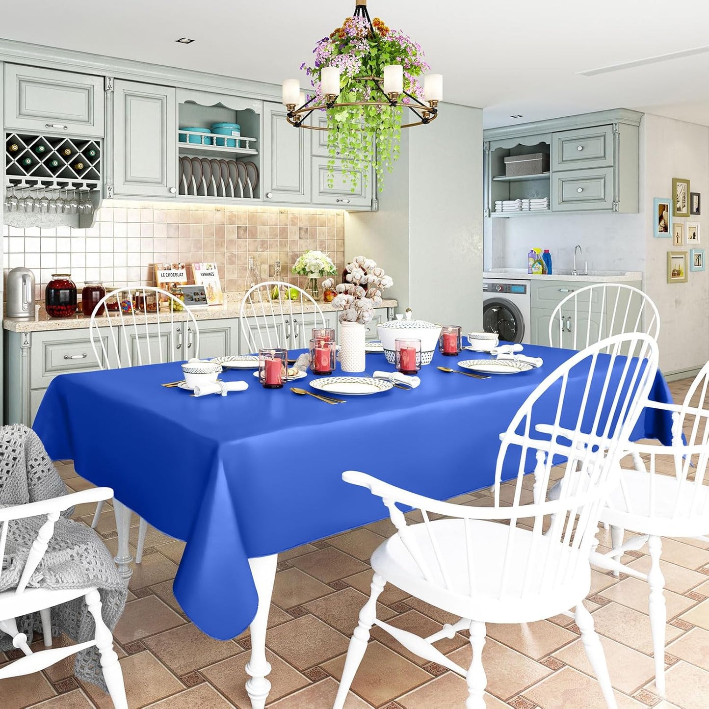 homing Rectangle Vinyl Tablecloth, Waterproof Spillproof Plastic Flannel Backed Table Cloth, Wipe Clean Table Cover for Dining, Buffet Parties and Camping (Blue, 60" x 102")