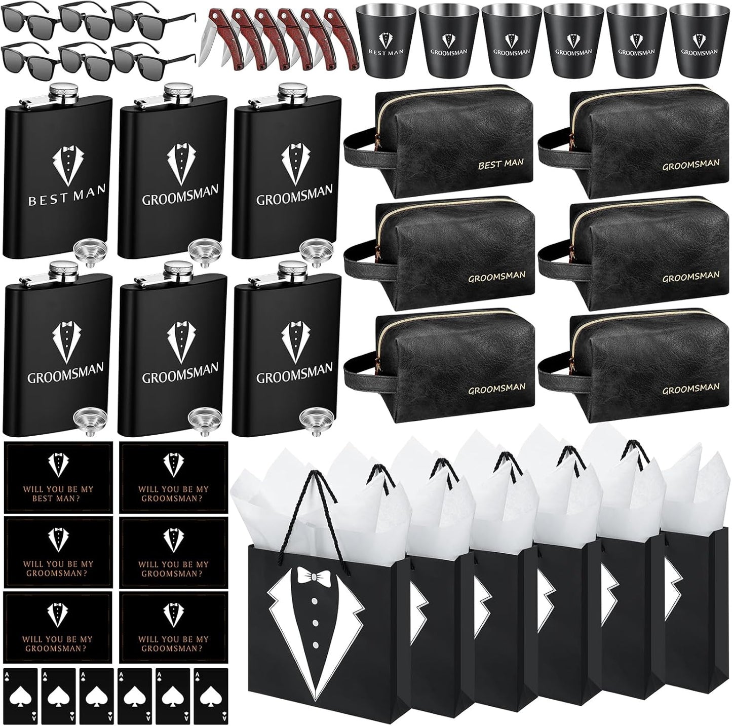60Pcs Groomsmen Gifts Groomsmen Proposal Box with Flasks Sunglasses PU Leather Toiletry Bag Bottle Opener for Wedding Groomsman Best Man Gift (Black)