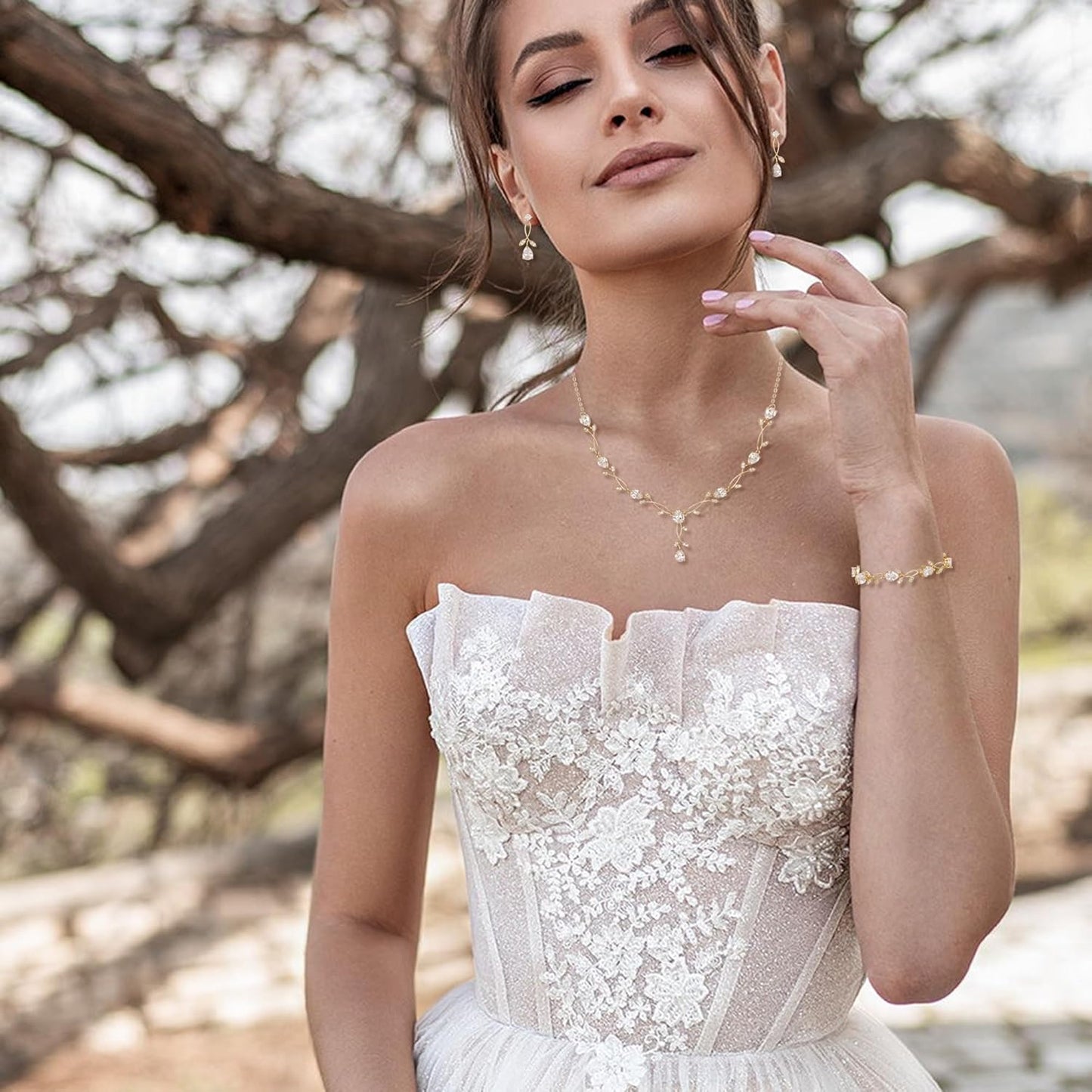 EVER FAITH Bridal Cubic Zirconia Jewelry Sets for Women, White Simulated Pearl Leaf Vine Pendant Wedding Party Necklace Earrings Set for Bridesmaid Bride