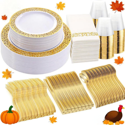 WELLIFE 350Pcs Gold Dinnerware Sets, Plates and Napkins Party Supplies Include:50 Dinner Plates, 50 Dessert Plates, 50 Paper Napkins, 50 Cups, 50 Gold Plastic Cutlery Set