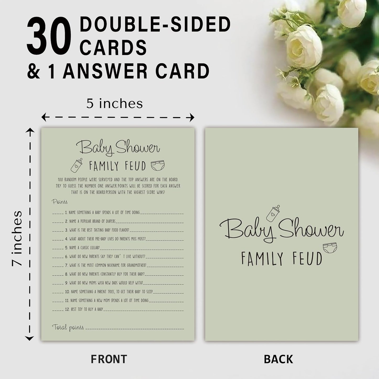Baby Shower Family Feud Game - Pack of 30 Game Cards 1 Answer Key, Baby Shower Game for Boy & Girl, Gender Neutral Baby Shower Decorations, Baby Feud Game Supplies-01E-Atrovirens