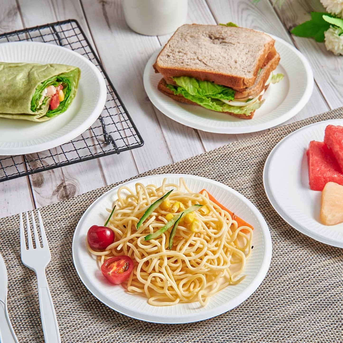 Vplus 100% Compostable Paper Plates, 200 Pack 7 Inch Disposable Paper Plates, Uncoated Biodegradable, Made of Sugar Cane Fibers, Perfect for Sandwich, Cake, and Snack