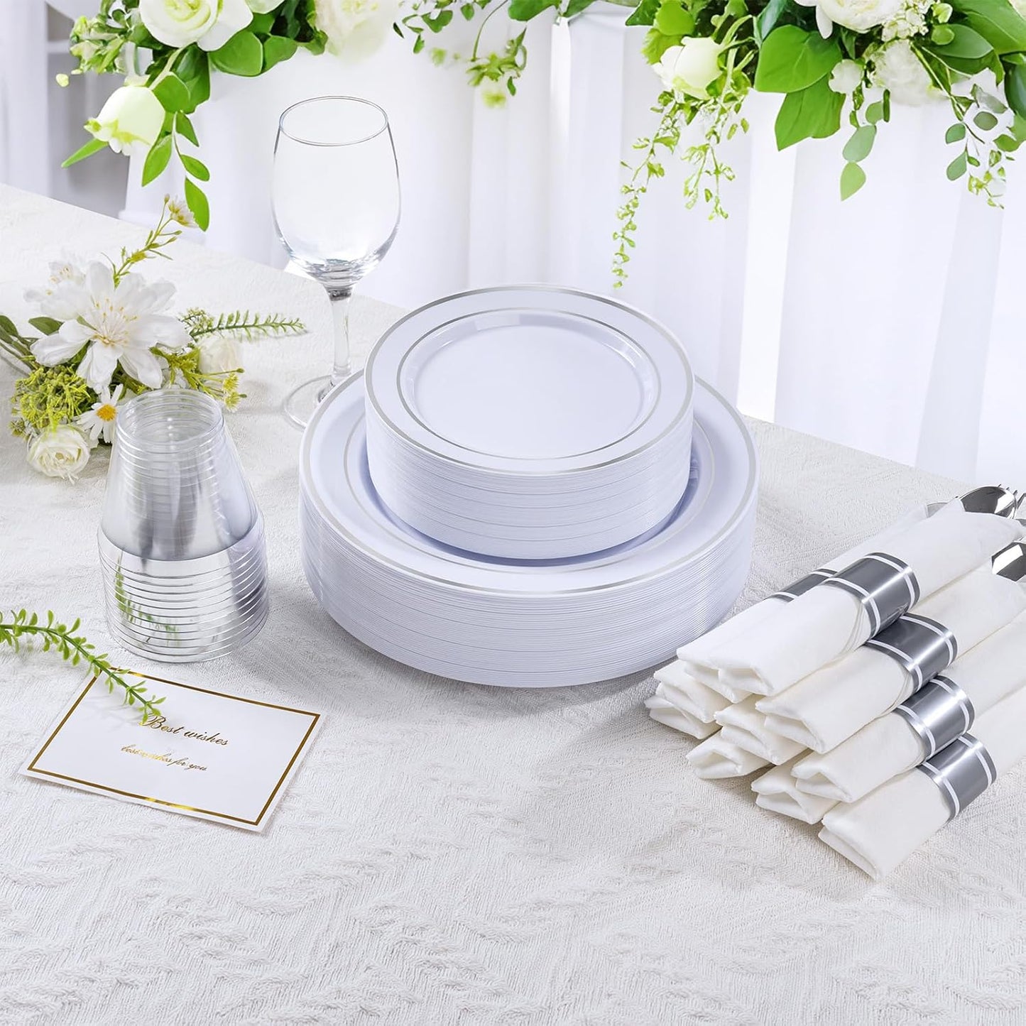 DaYammi 350PCS Silver Plastic Dinnerware Set for 50 Guests, Fancy Disposable Plates for Party, Include: 50 Dinner Plates, 50 Dessert Plates, 50 Pre Rolled Napkins with Silver Silverware, 50 Cups