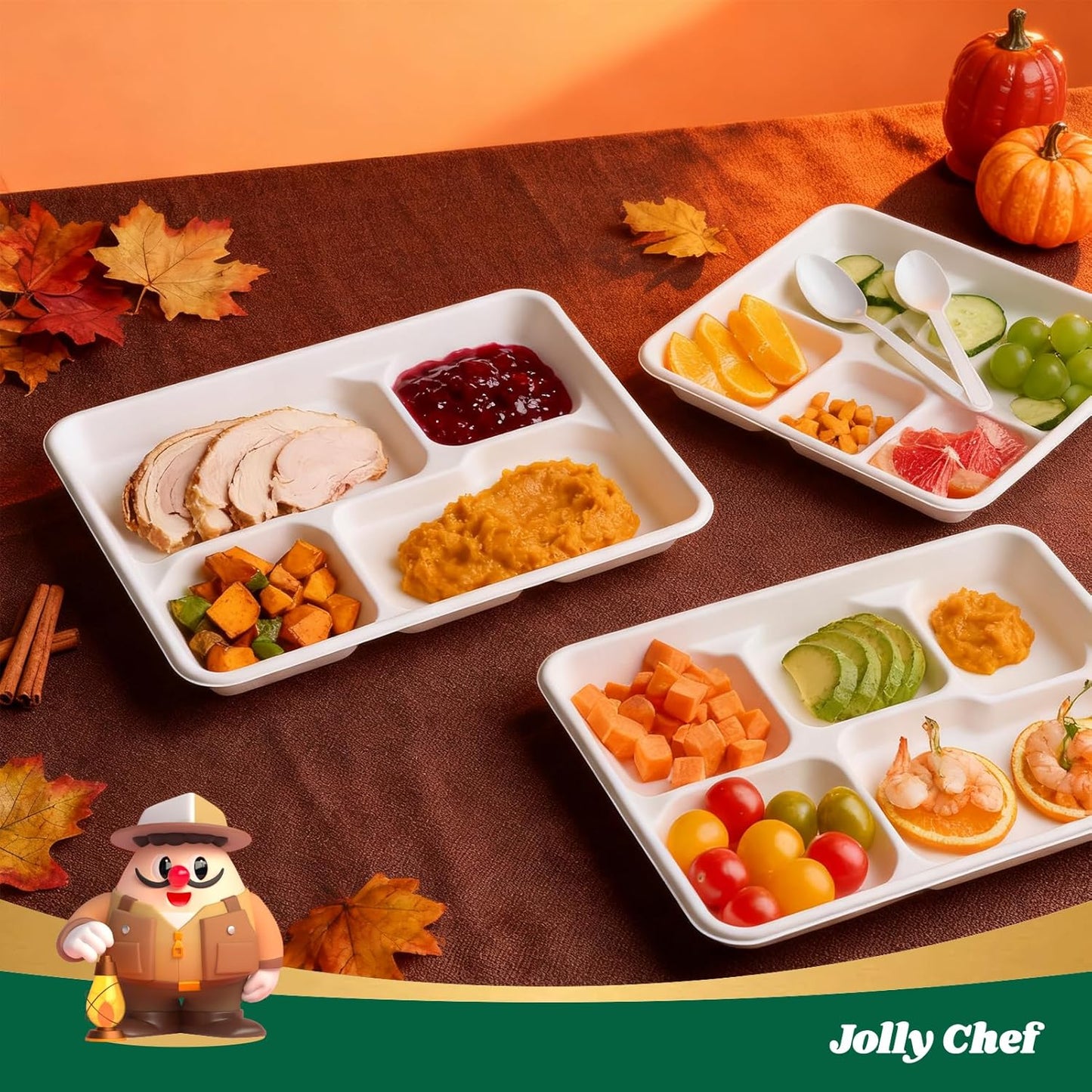 JOLLY CHEF Compostable 𝟱 Compartment Paper Plates 𝟭𝟭 * 𝟴 𝗶𝗻𝗰𝗵 [𝟭𝟬𝟬 𝗣𝗮𝗰𝗸] Heavy Duty White Divided Disposable Plate Eco-Friendly Biodegradable Food Tray for Party Lunch Thanksgiving Day