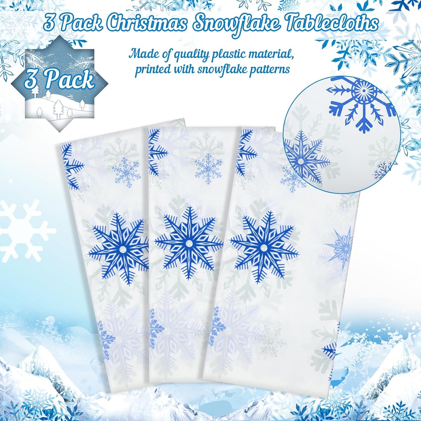 3 Pack Christmas Snowflake Plastic Tablecloth, 54 x 108Inch White and Blue Snowflake Table Cloth Disposable Waterproof Winter Snowflakes Table Cover for Winter Holiday New Year Party Supplies Decor