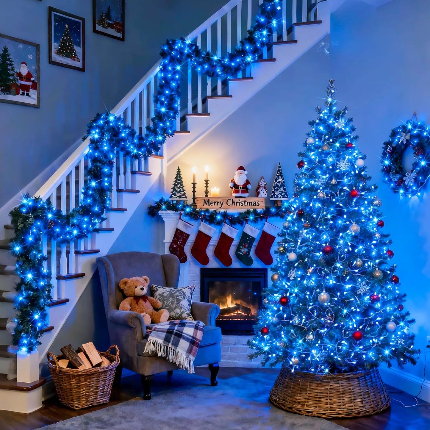 JMEXSUSS Blue Christmas String Lights Indoor Outdoor, 66ft 200 LED Blue String Lights Clear Wire Plug in, 8 Modes Waterproof Christmas Lights for Halloween Tree Party Bedroom Wall Christmas Decoration