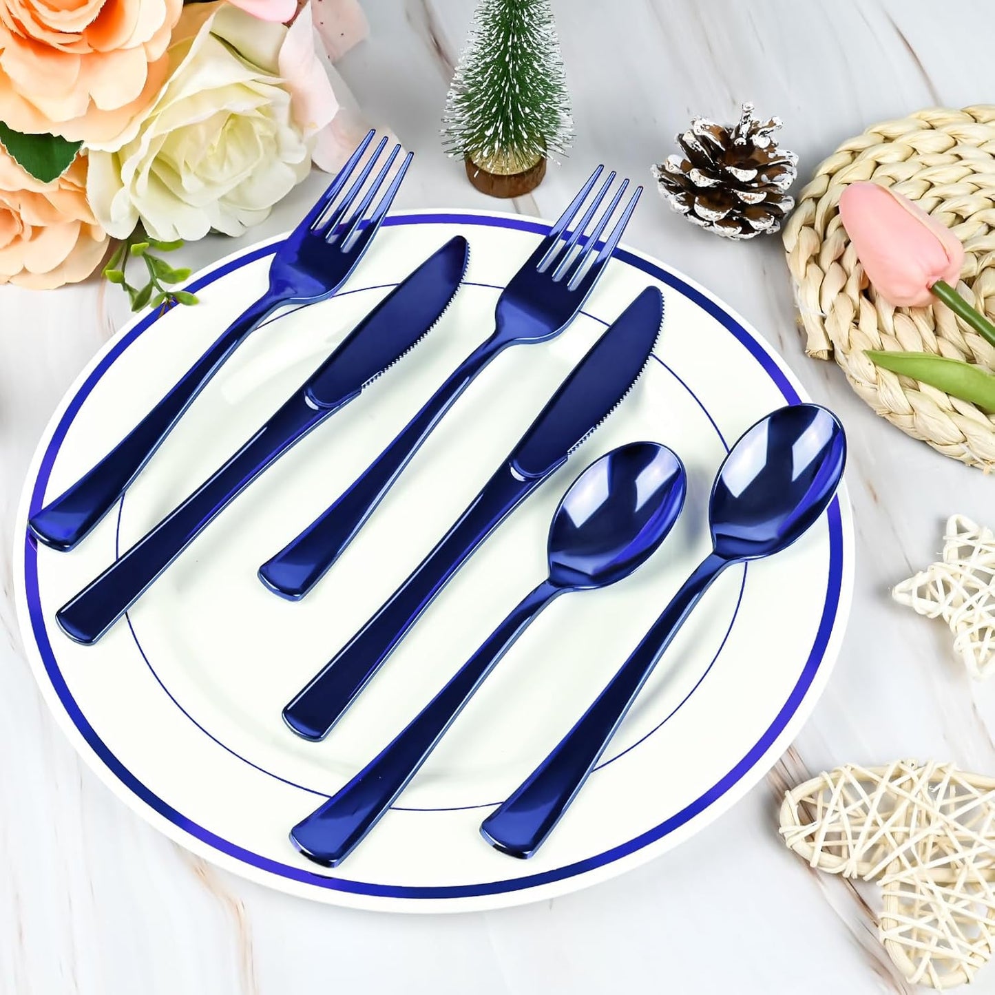 100Pack Blue Pre Rolled Plastic Silverware - Wrapped Blue Rolled Cutlery with Napkins, Heavy Duty Prerolled Plastic Silverware Set, Disposable Utensils with Dinner Napkins for Party
