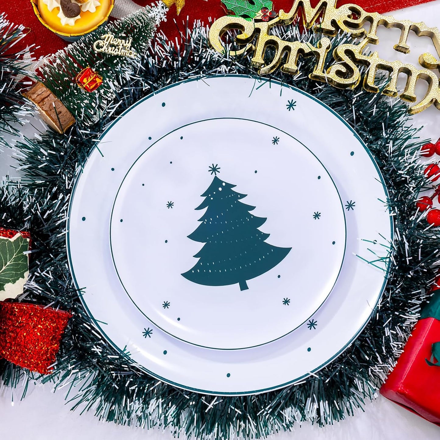 WDF 50 Pieces Christmas Plastic Plates - White Plastic Plates with Christmas Tree - Heavy Duty White and Green Disposable Plates for Christmas