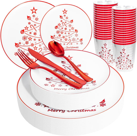 Supernal 150pcs Christmas Plastic Dinnerware Include Red Plastic Plates, Disposalbe Cups,Christmas Party Supplies,Red Plastic Silverware for Christmas Party and New Year
