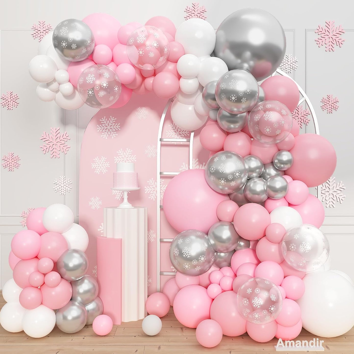 Amandir 153pcs Pink Silver Balloon Arch Garland Kit, Different Sizes 18 12 10 5 inch Pink White Latex Metallic Confetti Snowflake Balloons for Winter Wonderland Princess Baby Shower Party Decorations