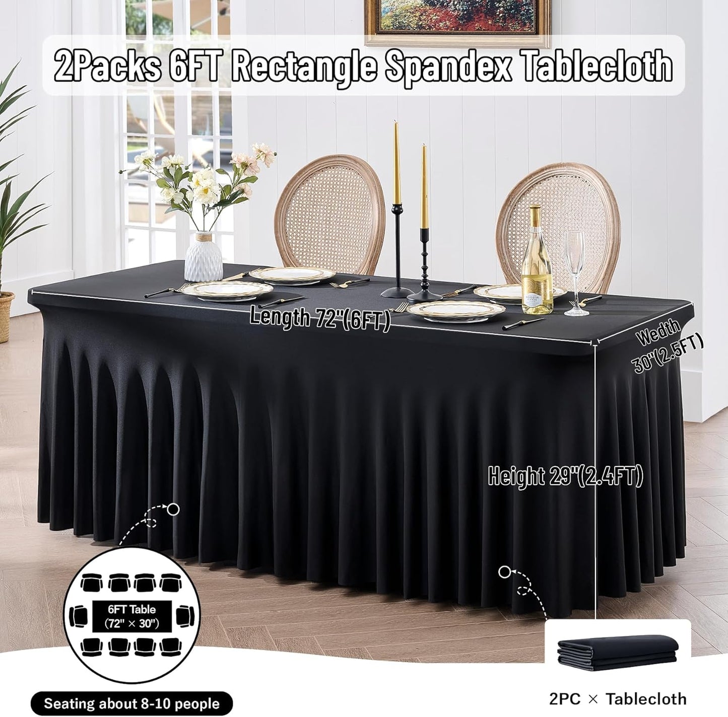 2 Pack Black Spandex Table Covers for 6 Foot Rectangle Tables, Wrinkle Free Stretch Tablecloths 6ft, Black Banquet Tablecloth with Skirt for Parties Weddings Birthday