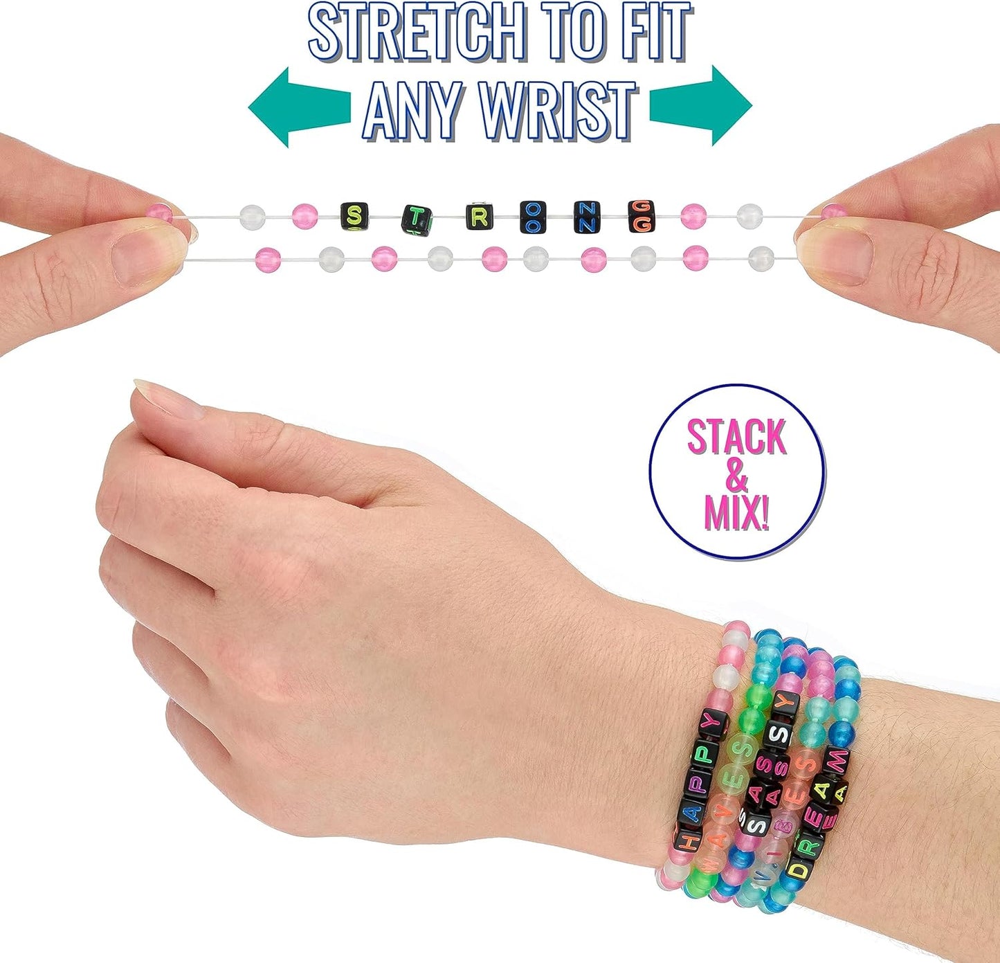 Expressions 16pc Tear & Share Bracelets w/ GLOW IN THE DARK Beads - Novelty Message To Share With Friends, Colorful Letter Beaded Bracelets, Shareable Party Favor Jewelry For Kids And Teens