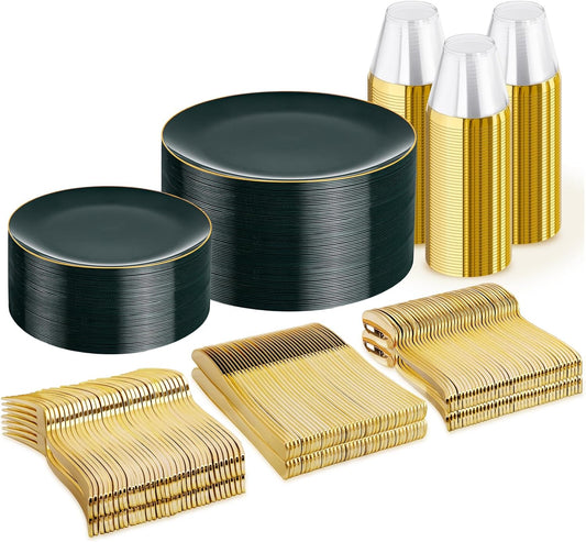 WDF 300Pcs Green Plates Disposable - Heavy Duty Green Plates - 50Guest Christmas Plastic Dinnerware Include 50 Dinner Plate, 50 Dessert Plate, 150 Cutlery & 50 9oz Cups for Christmas Parties
