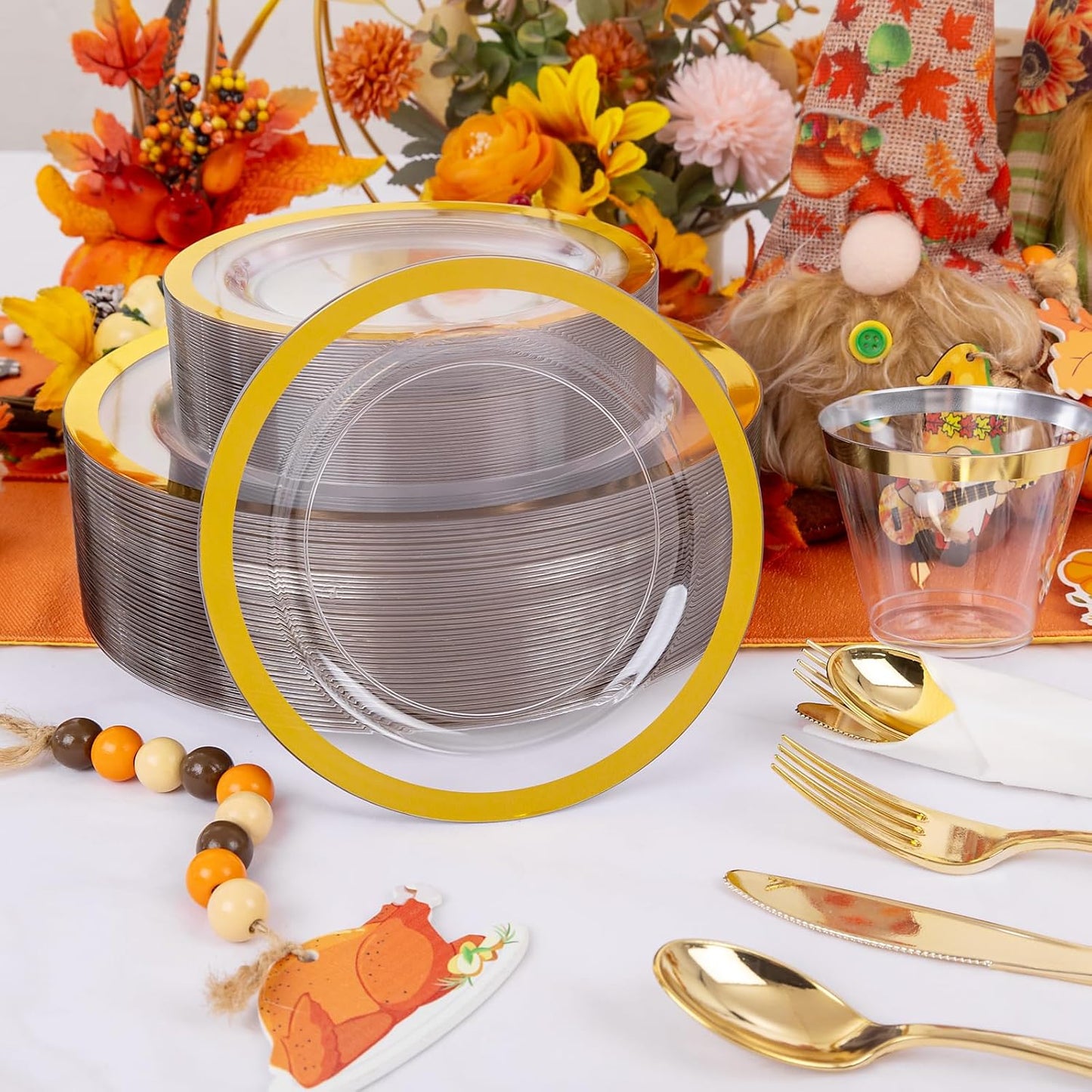Liacere 350PCS Clear Gold Plastic Plates for 50 Guests Dinnerware Include 100 disposable Plates 150 Gold Silverware 50Napkins for Party&Wedding&Thanksgiving&Fall Decor