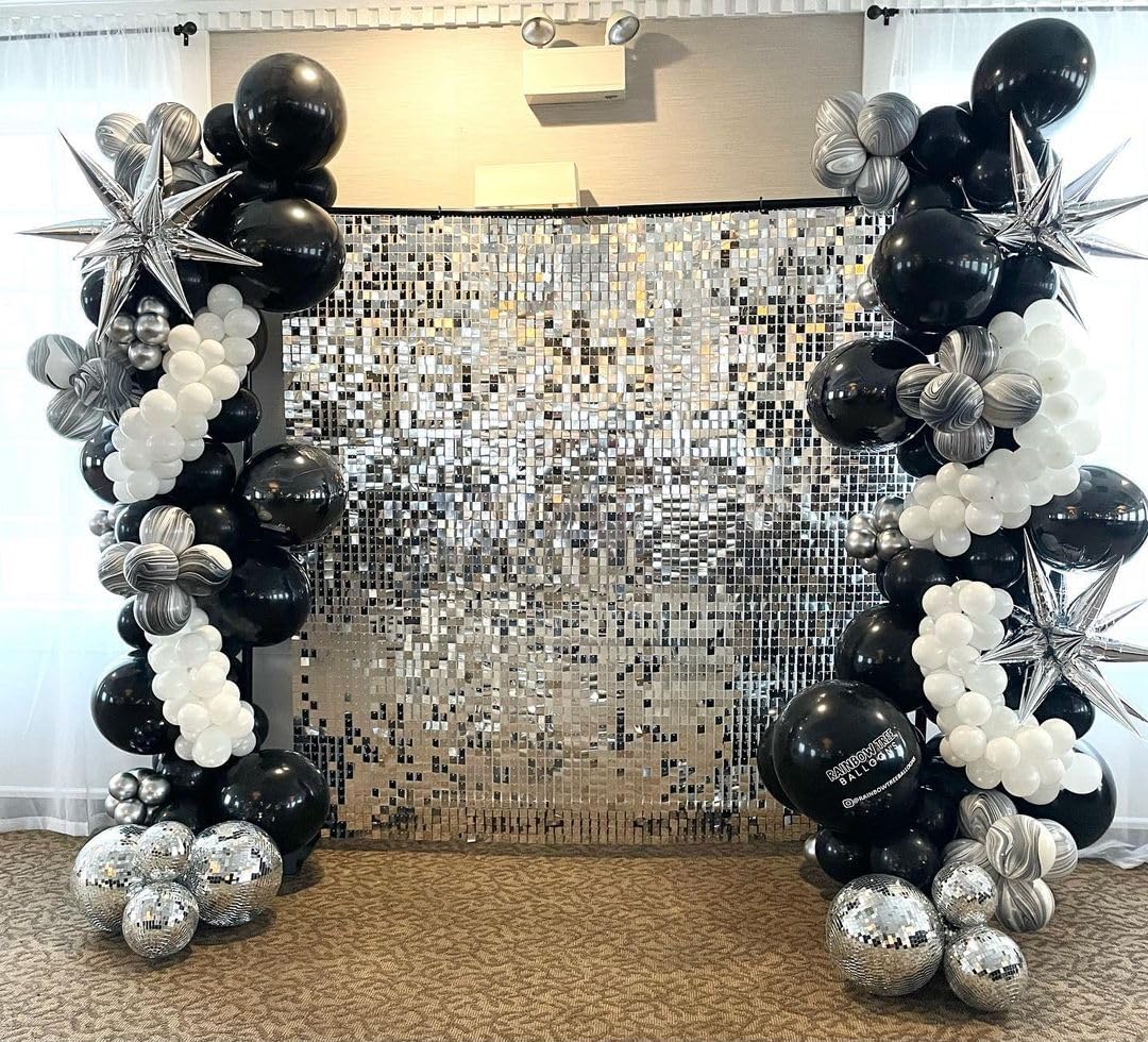 Black and Silver White Balloon Arch Kit, 140Pcs Explosion Star Black and Silver White Balloon 22 18 12 10 5 Inch Different Size Balloons for Birthday Anniversary New Years Party Decorations
