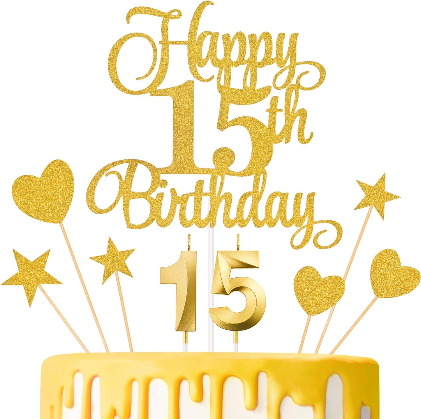 15th Birthday Cake Decorations, 15th Birthday Candles Cake Numeral Candles and Glitter Happy 15th Birthday Cake Toppers Set for Birthday Party Supplies (Gold)