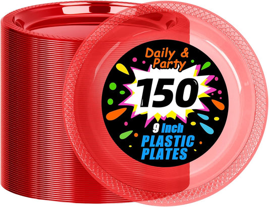 WELLIFE Neon Red Party Plates 9 Inch -150 Count, Translucent Red Plastic Disposable Dinner Neon Plates for Fluorescent Neon Theme Party Dessert Cake Salad Appetizers Easter Mother's Day