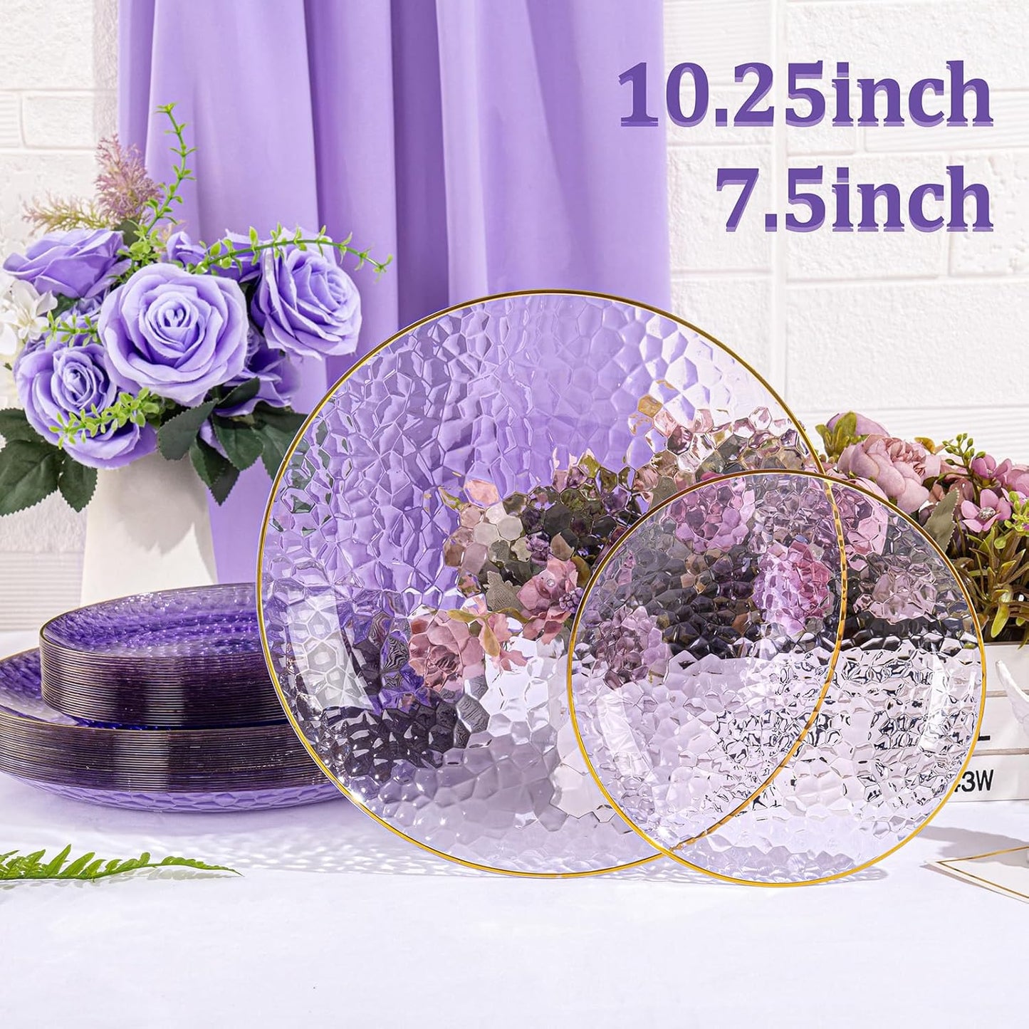 SUT 36Pcs Purple Plastic Plates, Hammered Plates Disposable Heavy Duty, Purple Disposable Plates With Gold Rim, Fancy Plastic plates Include 18 Dinner and 18 Dessert plates for Wedding
