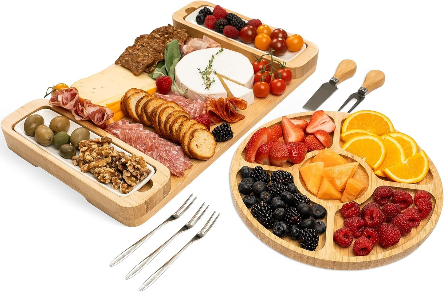 Charcuterie Board Gift Set - Bamboo Cheese Board & Serving Tray for Meat, Cheese, Crackers, Fruit - Large Wooden Charcuterie Boards for Parties - Wedding, Housewarming, Birthday Gifts for Women