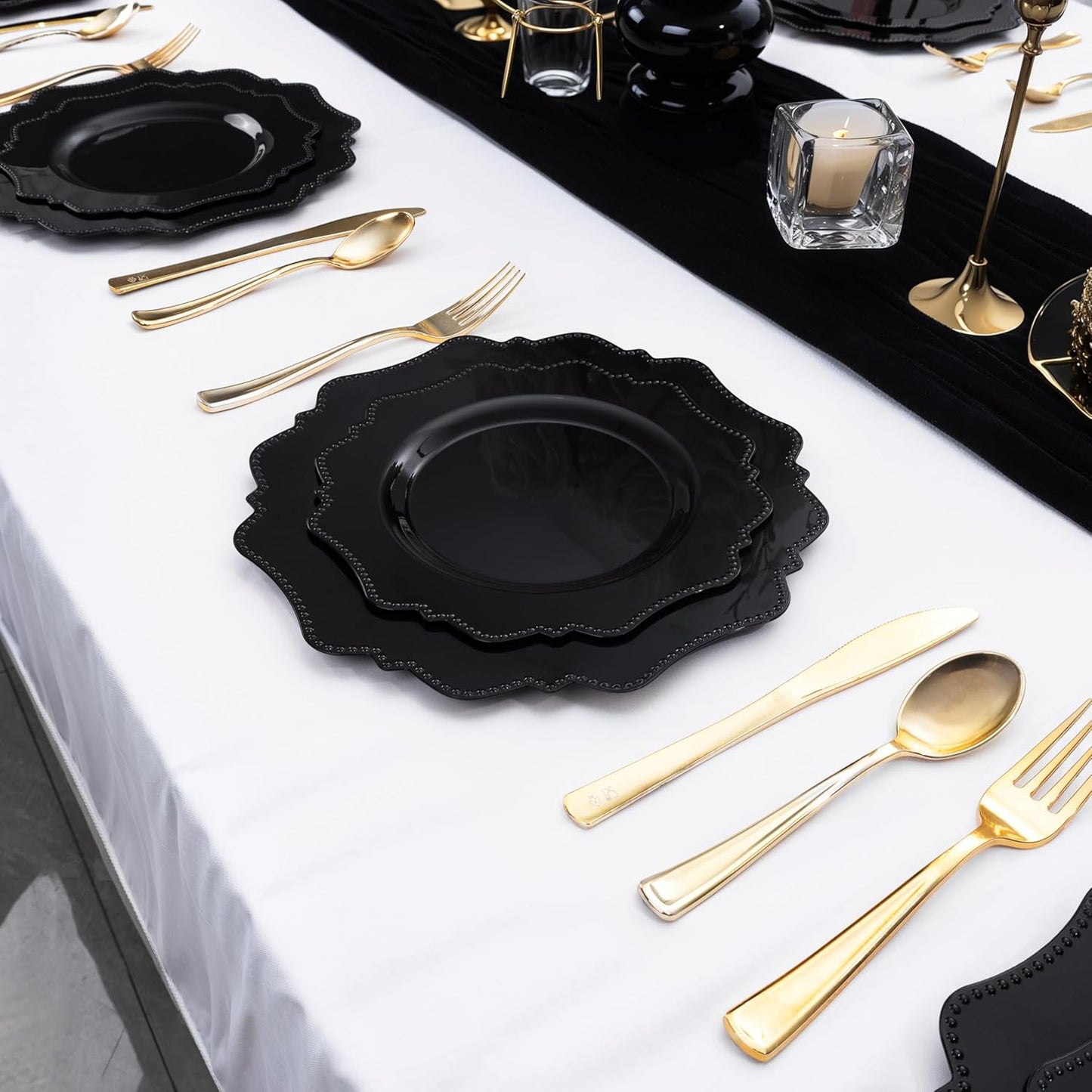 COLOSUS 100pcs Black Plastic Plates - Heavy Duty Black Plastic Plates Disposable for Party/wedding Include 50pcs Dinner Plates and 50pcs Dessert Plates.