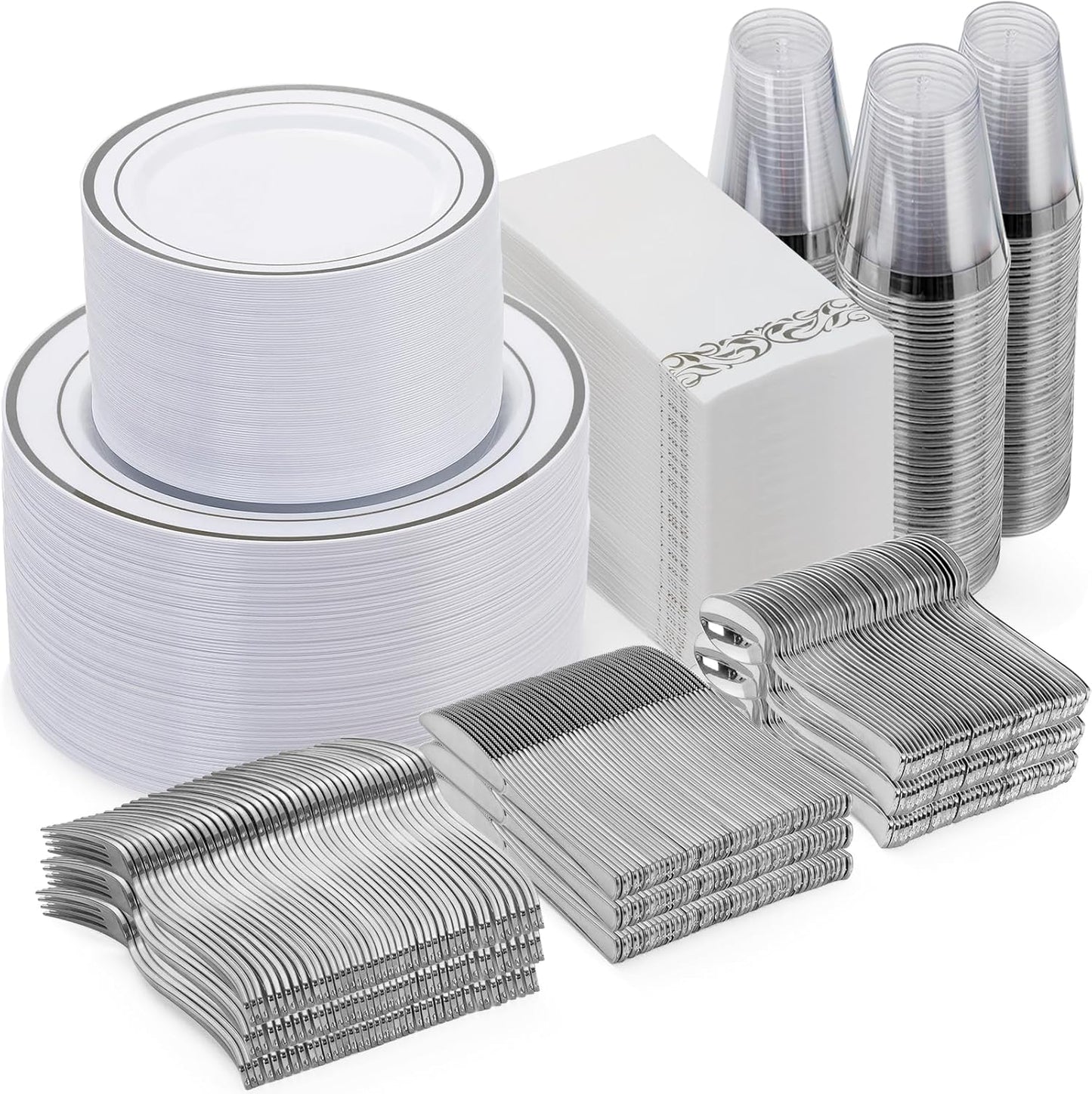 Goodluck 700 Piece Silver Dinnerware Set for 100 Guests, Disposable Plastic Plates for Party, Include: 100 Dinner Plates, 100 Dessert Plates, 100 Paper Napkins, 100 Cups, 100 Silverware set