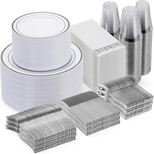 Goodluck 700 Piece Silver Dinnerware Set for 100 Guests, Disposable Plastic Plates for Party, Include: 100 Dinner Plates, 100 Dessert Plates, 100 Paper Napkins, 100 Cups, 100 Silverware set