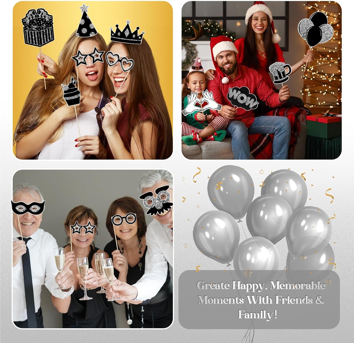 36PCS Silver and Black Photo Booth Prop, Party Photo Booth Props for Photoshoot Birthday Party Photobooth New Year Graduation Anniversary Halloween